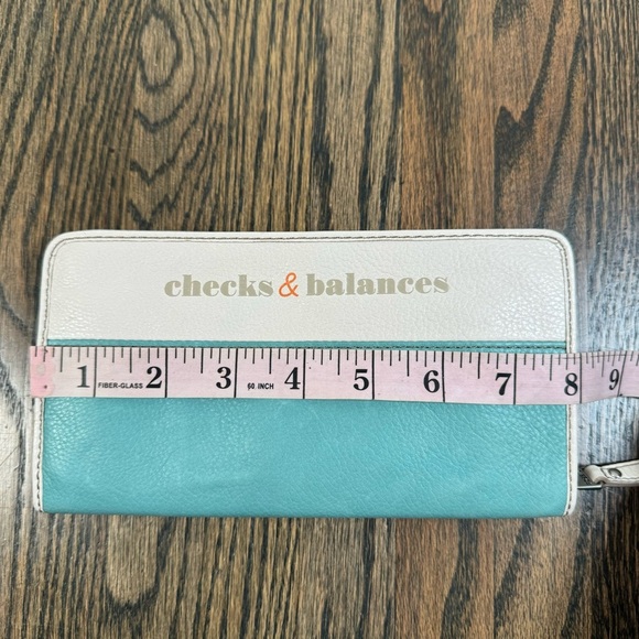 Fossil Checks & Balances Hunter Zip Clutch Wallet Leather Teal Cream - Picture 4 of 5